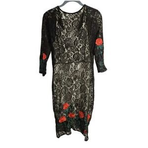 Rose embroidered black lace pencil dress White slip Small Medium Whimsigoth